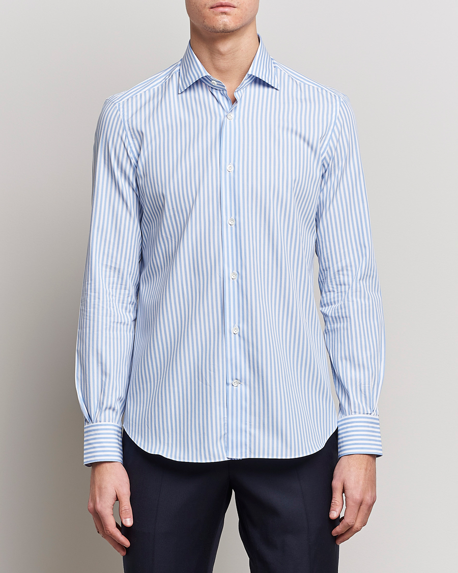 Herre | Afdelinger | Mazzarelli | Soft Cotton Cut Away Shirt Blue Stripe