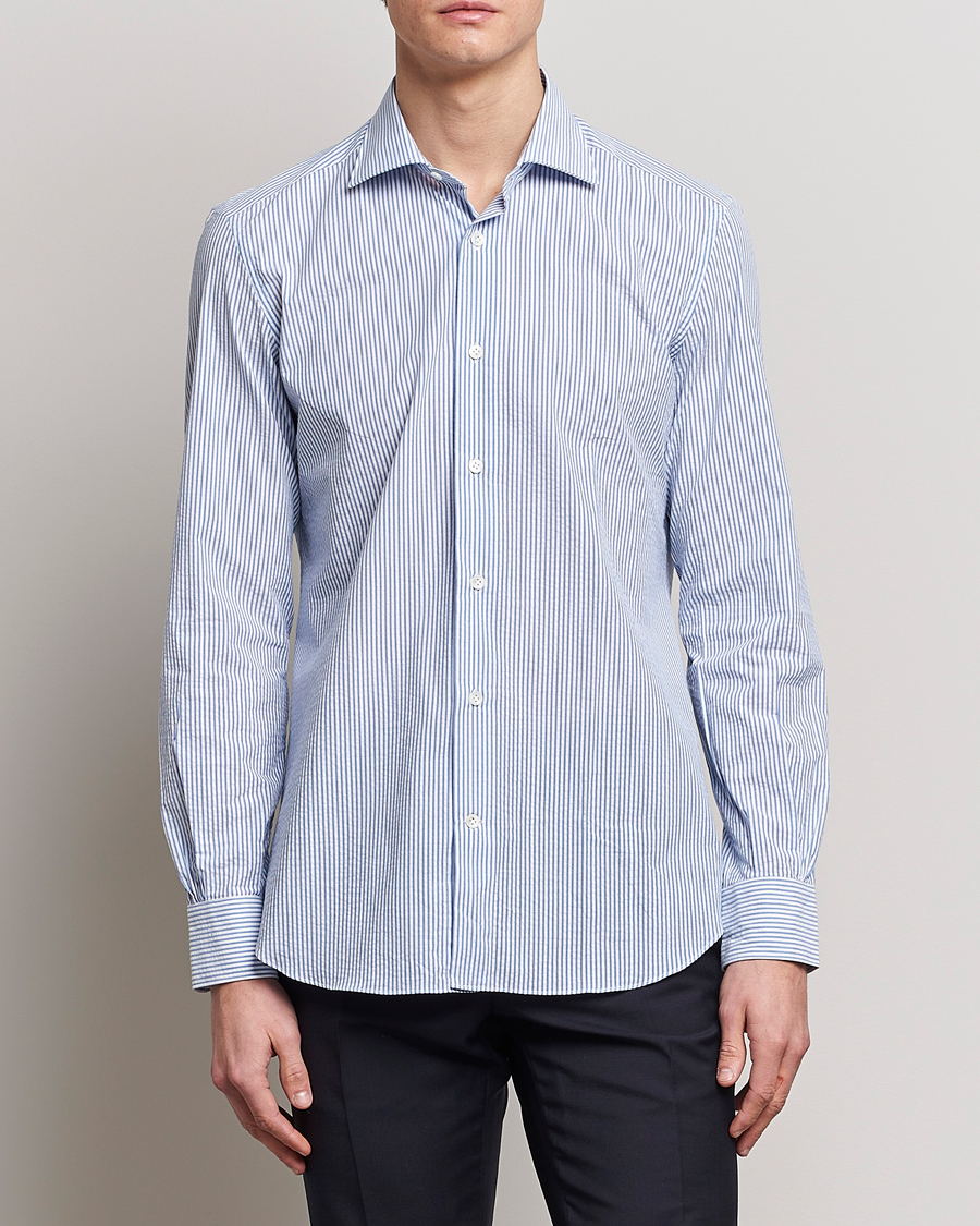 Herre | Casualskjorter | Mazzarelli | Soft Seersucker Shirt Light Blue Stripe