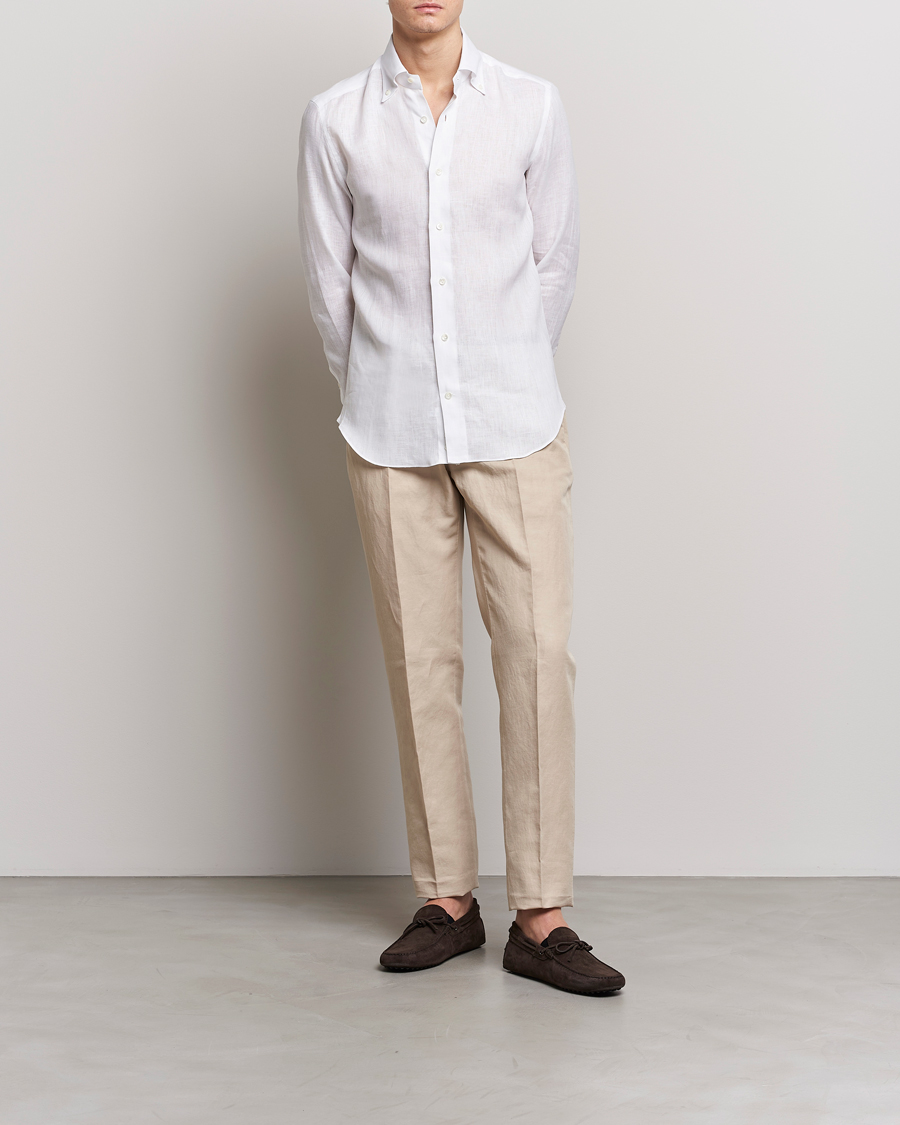 Herre | Skjorter | Mazzarelli | Soft Linen Button Down Shirt White