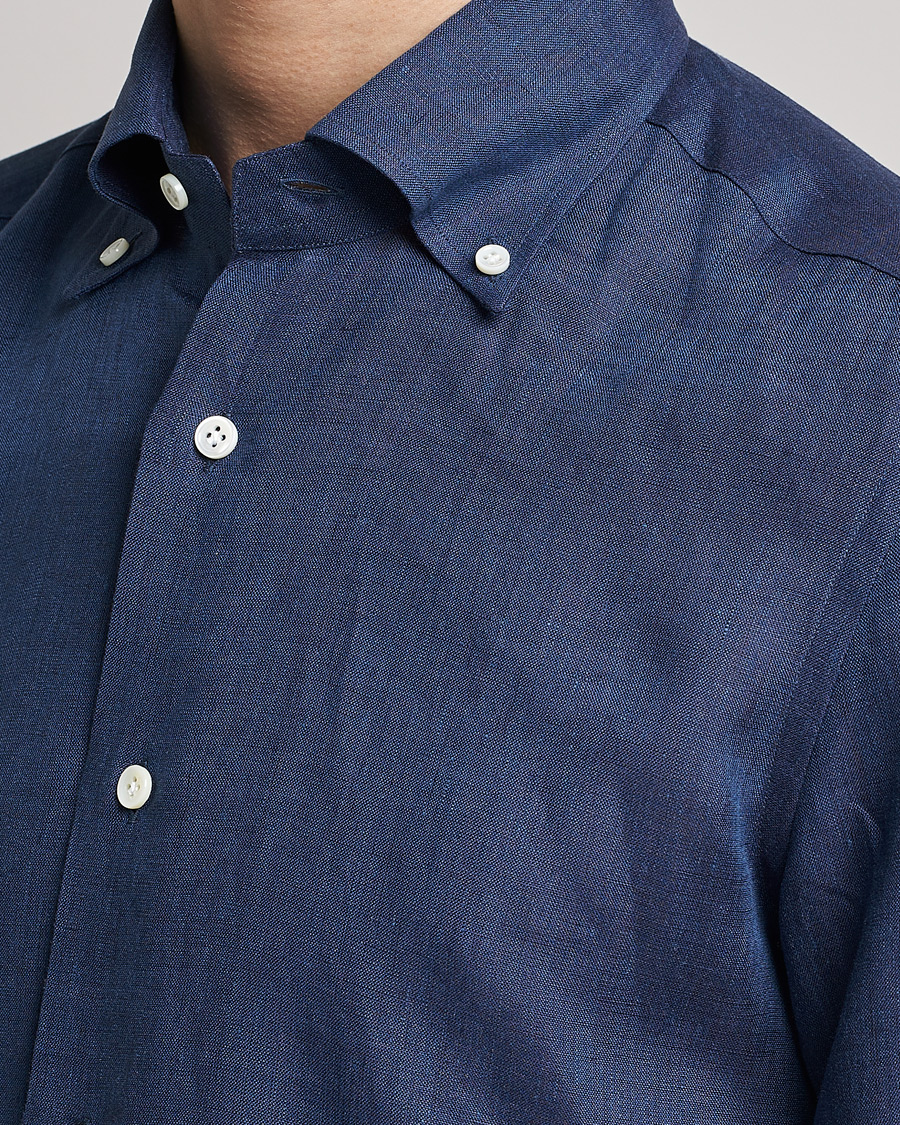 Herre | Skjorter | Mazzarelli | Soft Linen Button Down Shirt Navy