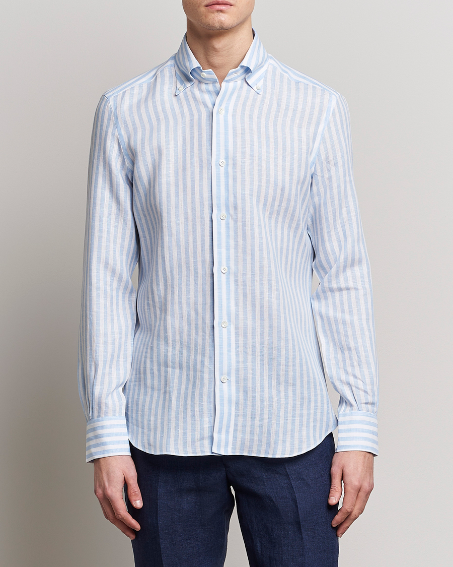 Herre | Skjorter | Mazzarelli | Soft Linen Button Down Shirt Light Blue Stripe