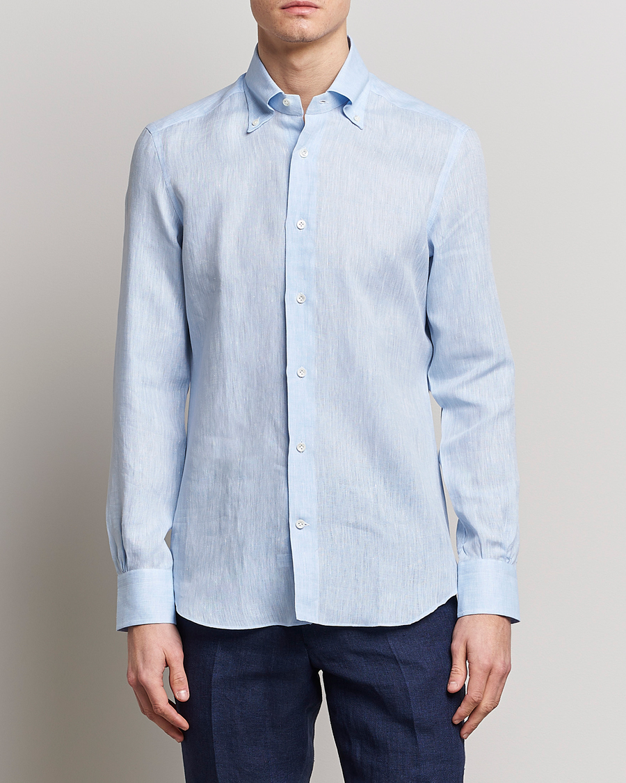 Herre | Skjorter | Mazzarelli | Soft Linen Button Down Shirt Light Blue