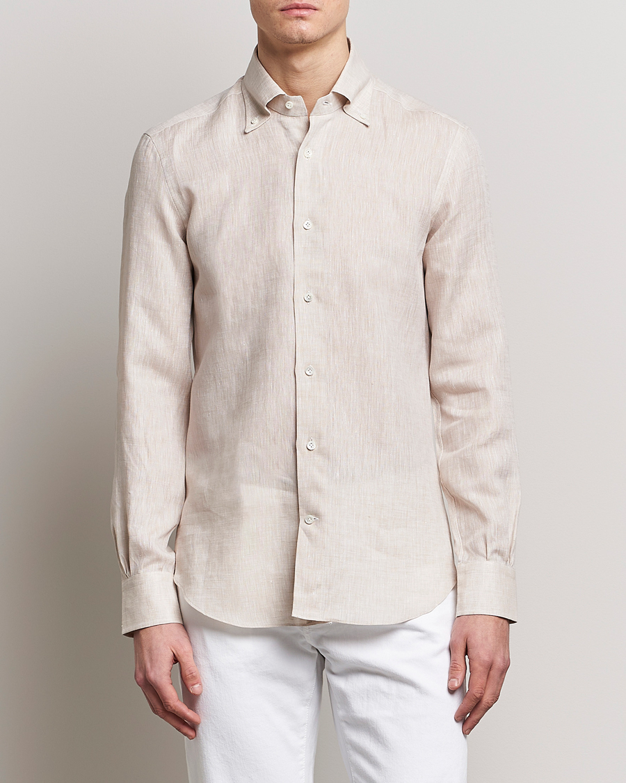 Herre | Skjorter | Mazzarelli | Soft Linen Button Down Shirt Beige
