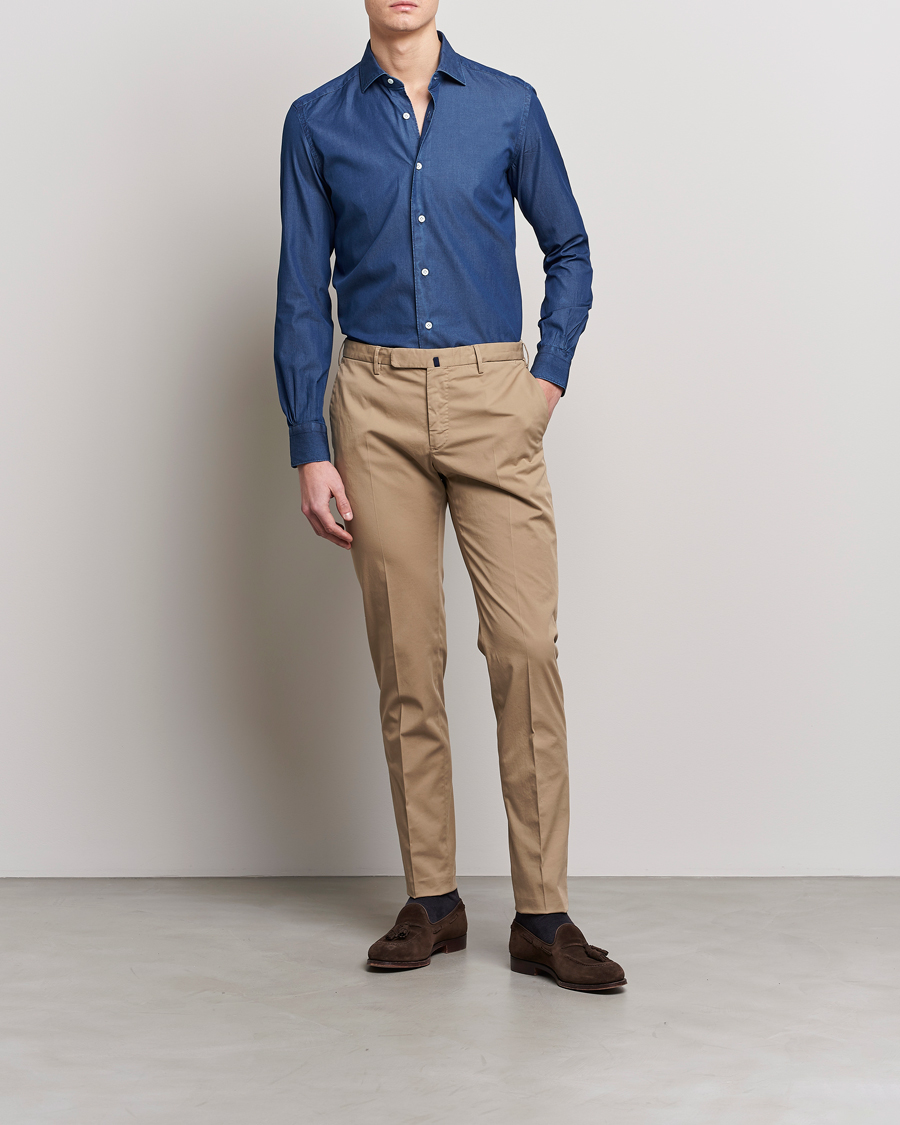 Herre | Skjorter | Mazzarelli | Soft Denim Cut Away Shirt Dark Indigo