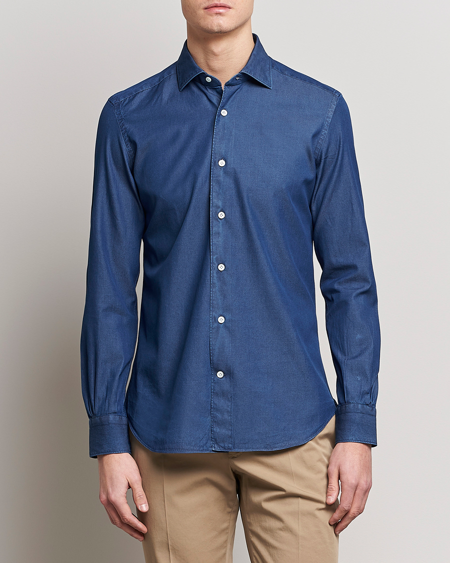 Herre | Denimskjorter | Mazzarelli | Soft Denim Cut Away Shirt Dark Indigo