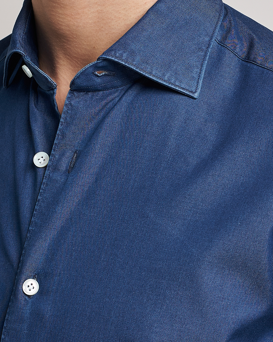 Herre | Skjorter | Mazzarelli | Soft Denim Cut Away Shirt Dark Indigo