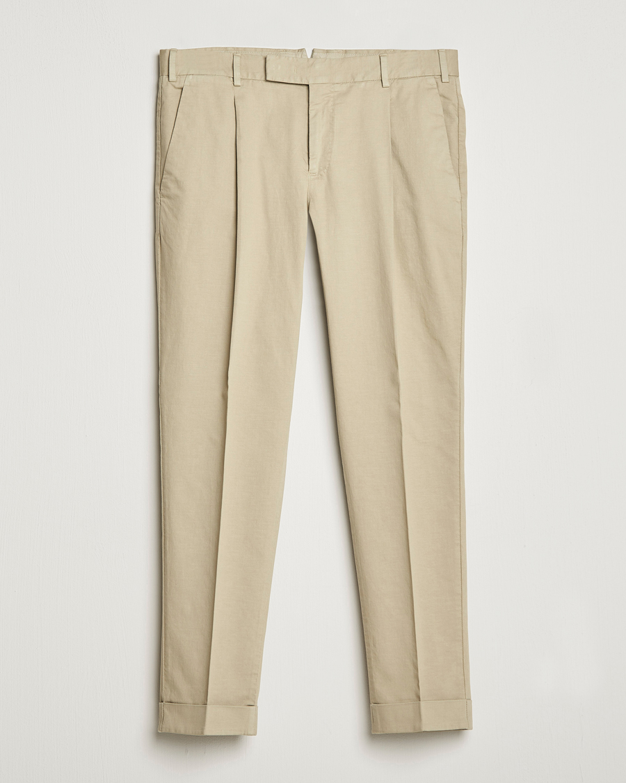 Herre | Bukser | PT01 | Slim Fit Pleated Linen Blend Trousers Beige