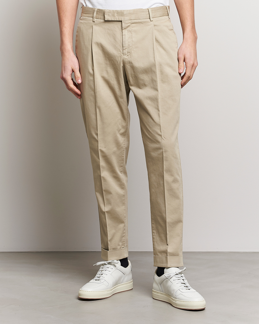 Herre | PT01 | PT01 | Slim Fit Pleated Linen Blend Trousers Beige