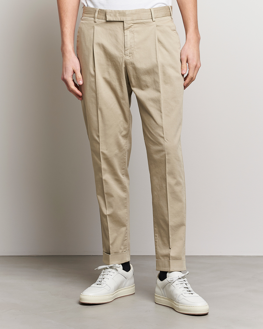 Herre | Bukser | PT01 | Slim Fit Pleated Linen Blend Trousers Beige