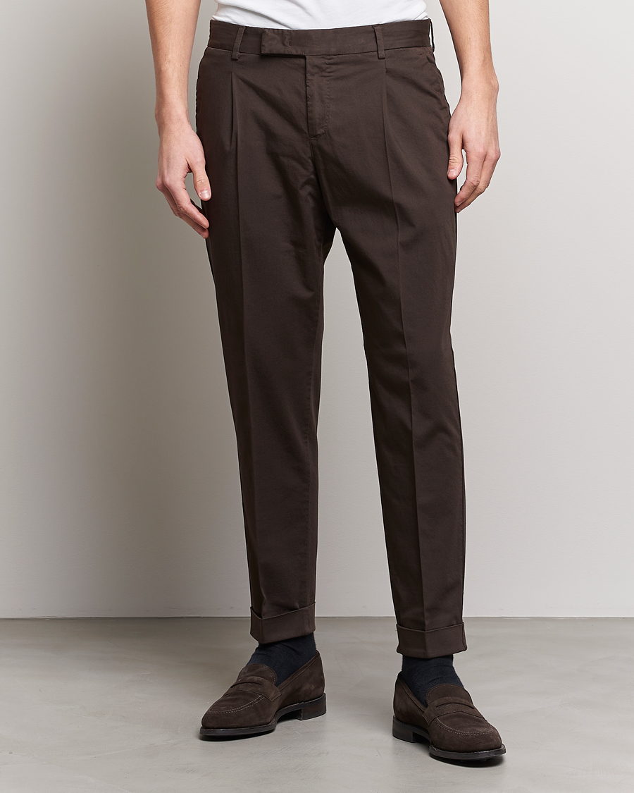 Herre | Quiet Luxury | PT01 | Slim Fit Pleated Linen Blend Trousers Chocolate