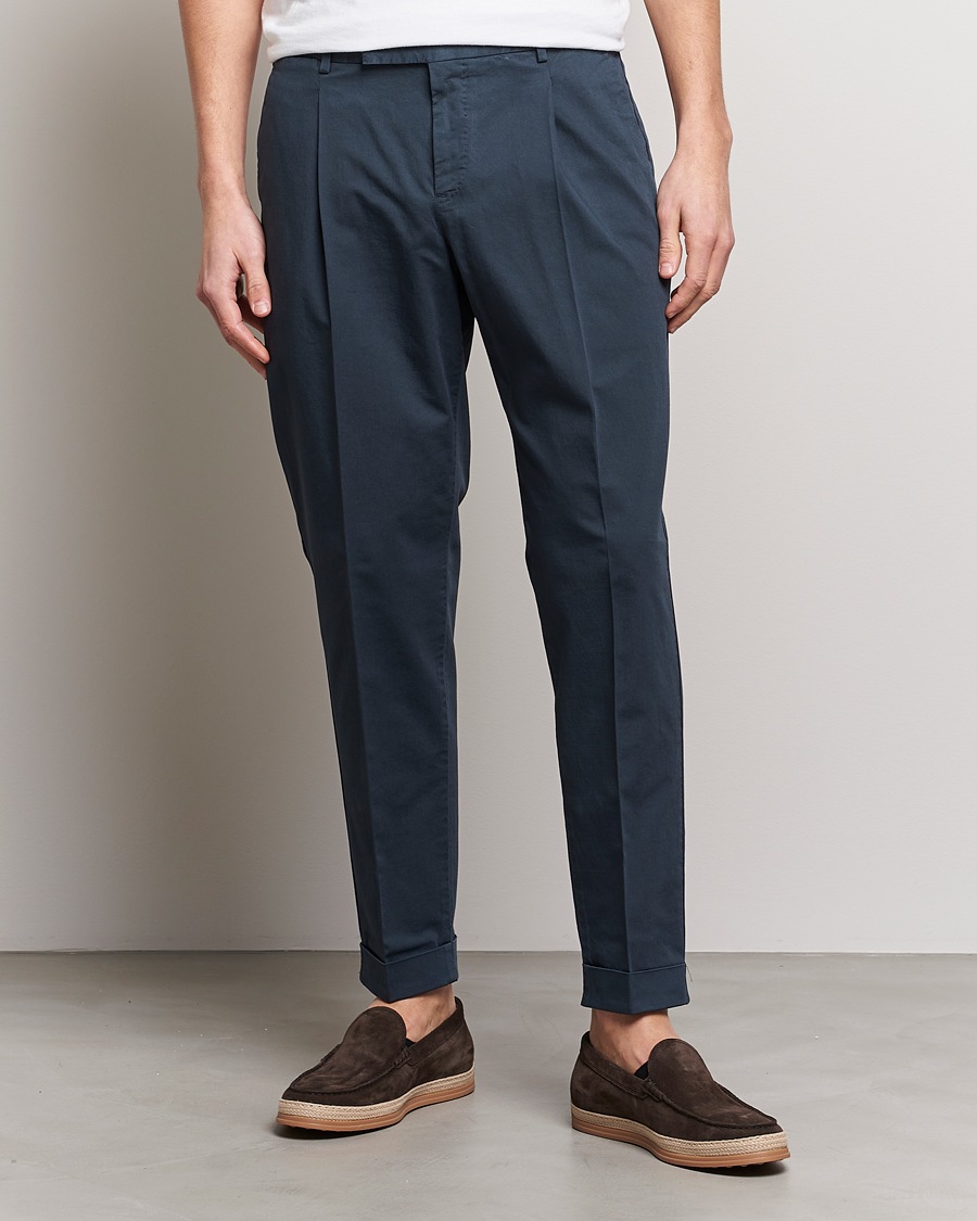 Herre | PT01 | PT01 | Slim Fit Pleated Linen Blend Trousers Navy