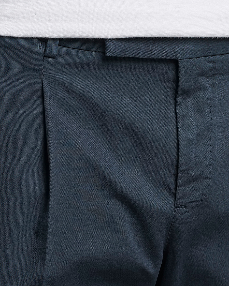 Herre | Bukser | PT01 | Slim Fit Pleated Linen Blend Trousers Navy