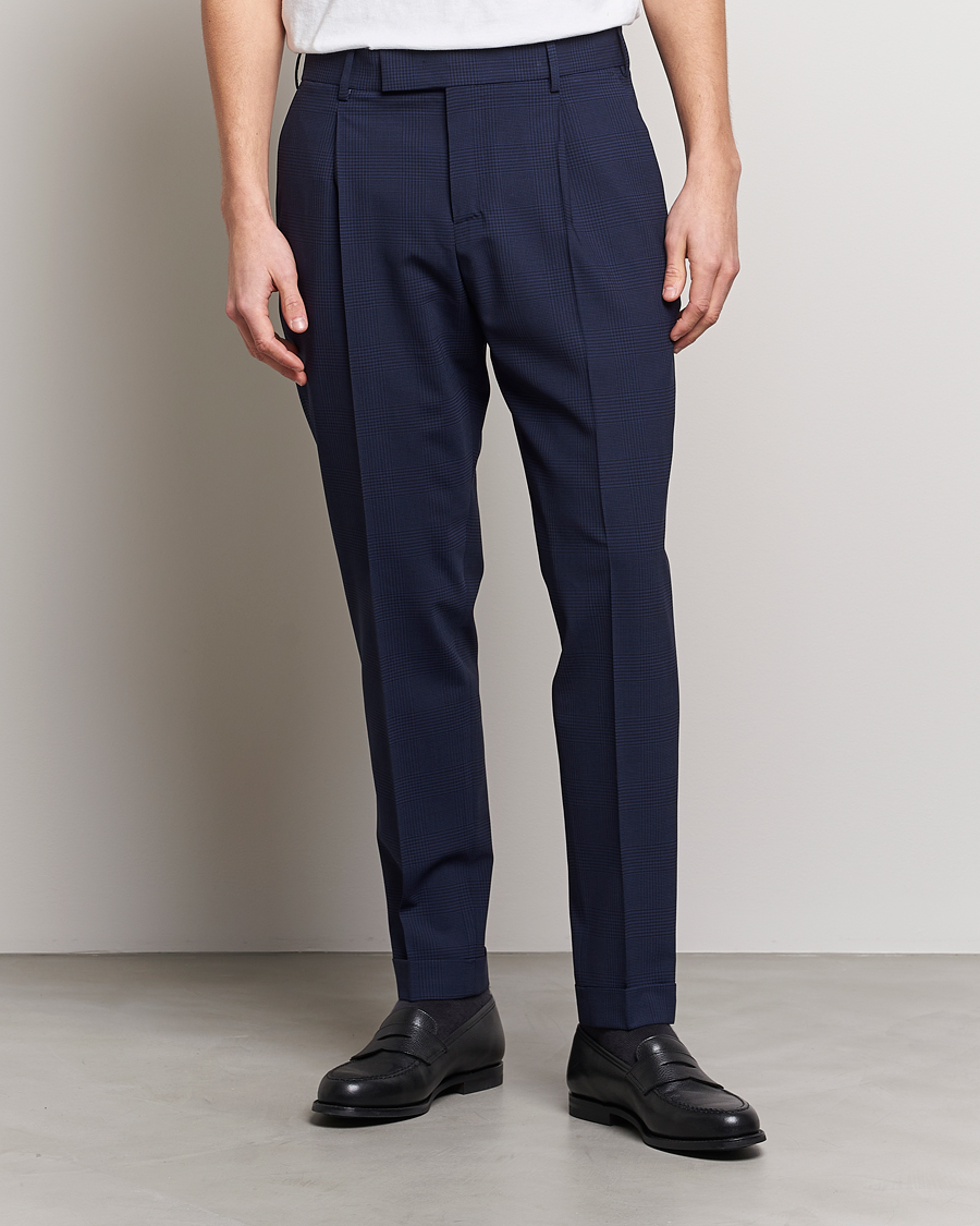 Herre | PT01 | PT01 | Slim Fit Pleated Glencheck Wool Trousers Navy