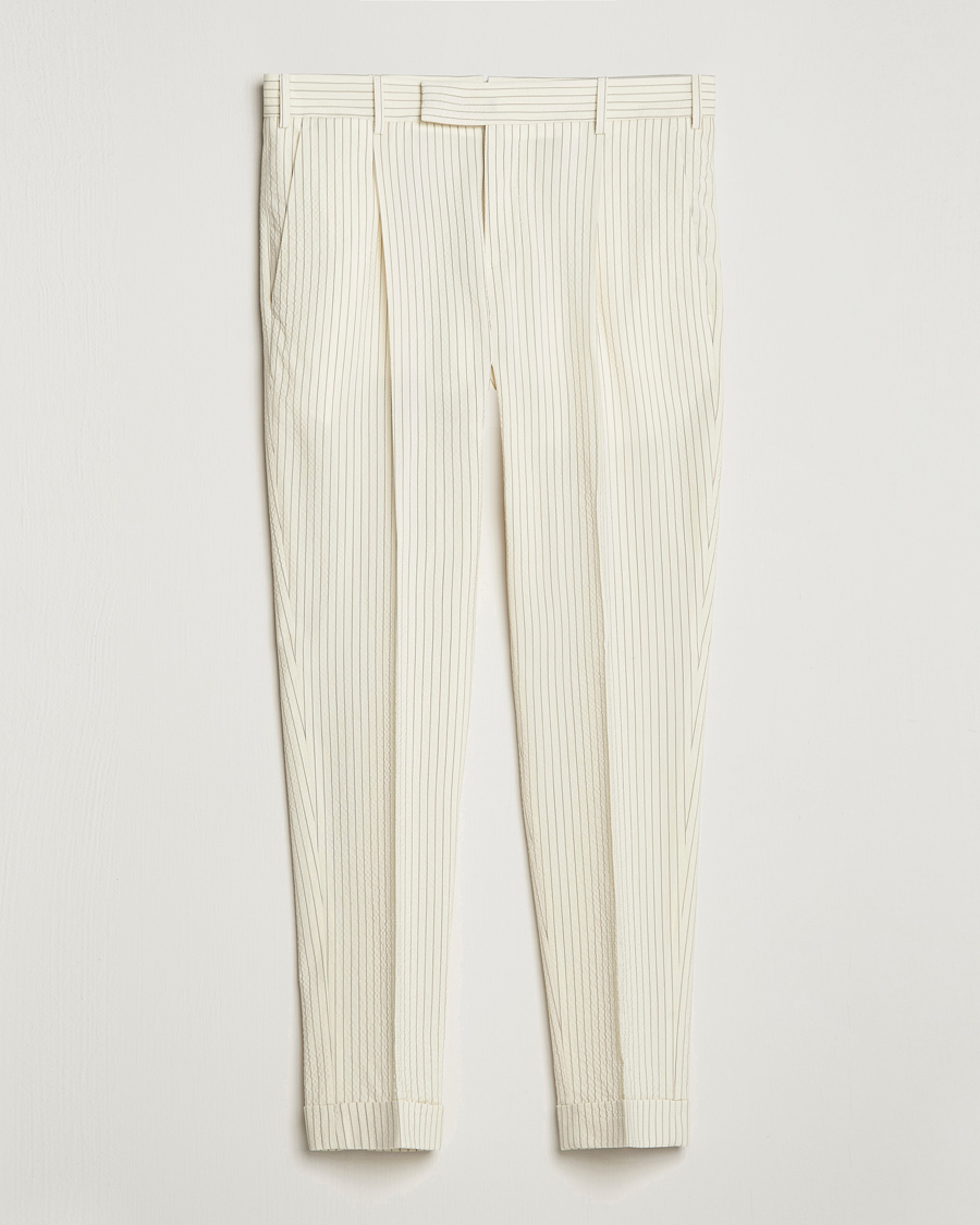 Herre | Bukser | PT01 | Slim Fit Pleated Wool Seersucker Trousers Off White
