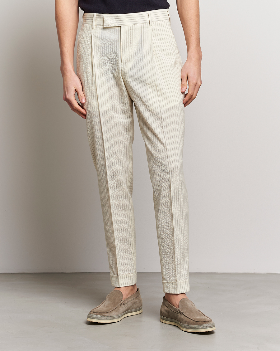 Herre | Bukser | PT01 | Slim Fit Pleated Wool Seersucker Trousers Off White