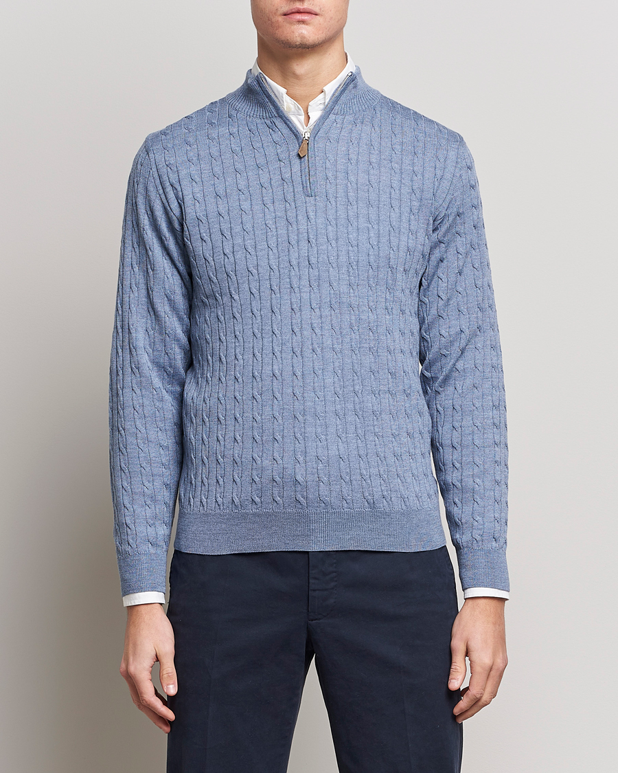 Herre | Trøjer | Stenströms | Merino Cable Half Zip Light Blue