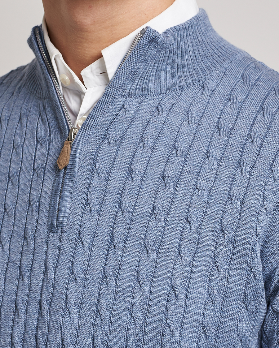 Herre | Trøjer | Stenströms | Merino Cable Half Zip Light Blue