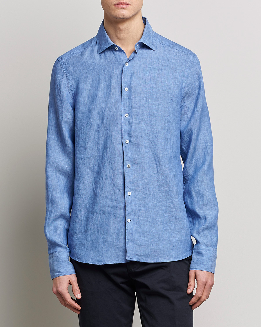 Herre | Hørskjorter | Stenströms | Slimline Cut Away Linen Shirt Mid Blue