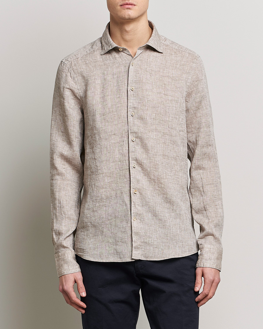 Herre | The linen lifestyle | Stenströms | Slimline Cut Away Linen Shirt Light Brown