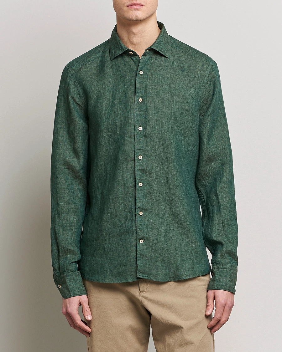 Herre | Casual | Stenströms | Slimline Cut Away Linen Shirt Dark Green