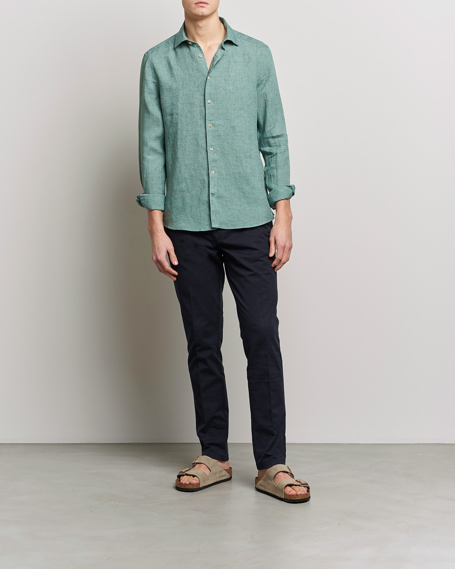 Herre | Skjorter | Stenströms | Slimline Cut Away Linen Shirt Deep Green