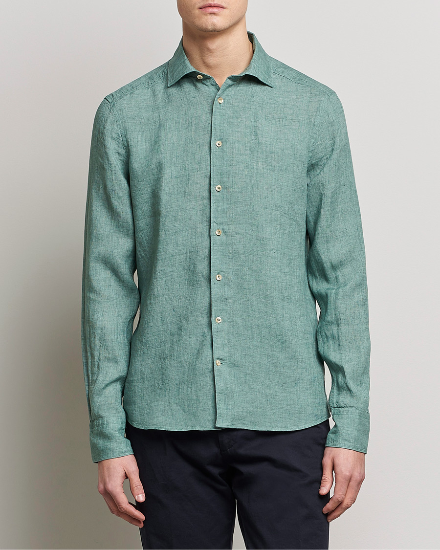 Herre | Skjorter | Stenströms | Slimline Cut Away Linen Shirt Deep Green