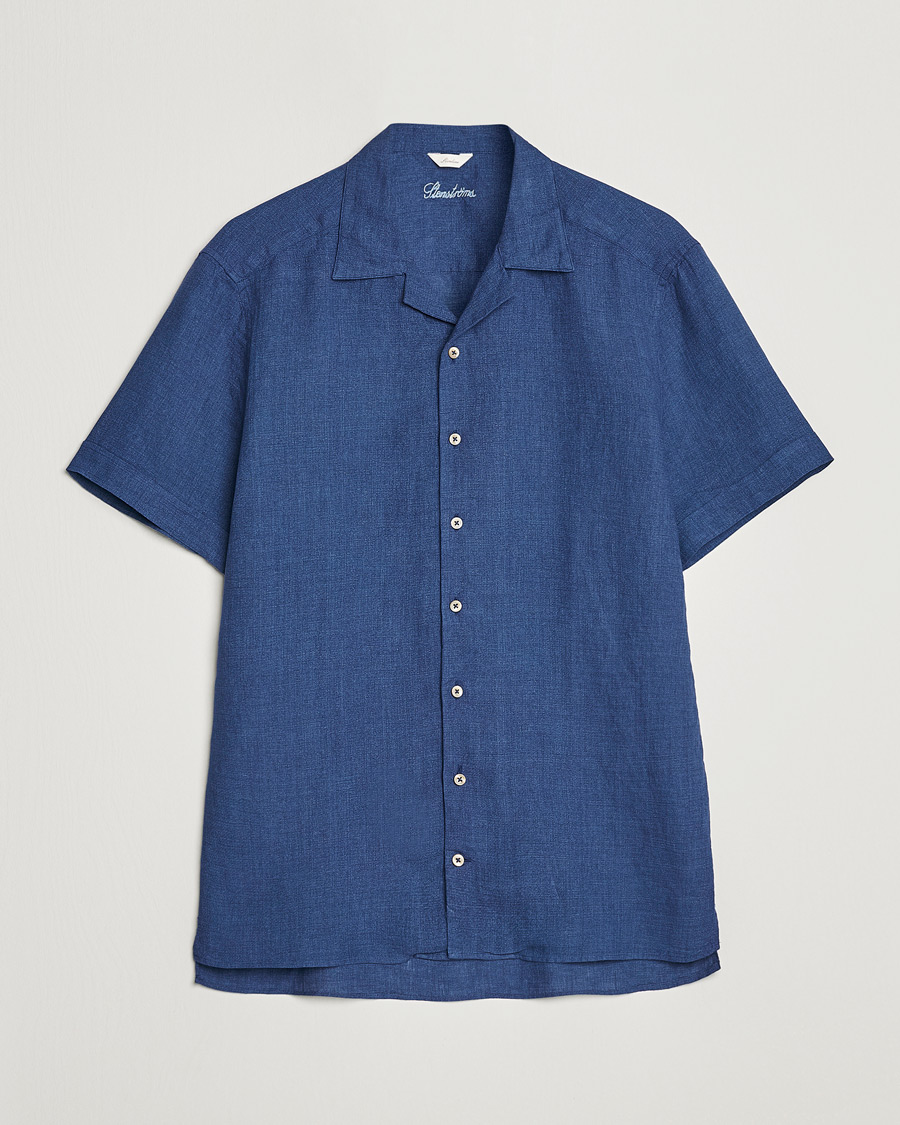 Herre | Skjorter | Stenströms | Slimline Short Sleeve Resort Linen Shirt Blue