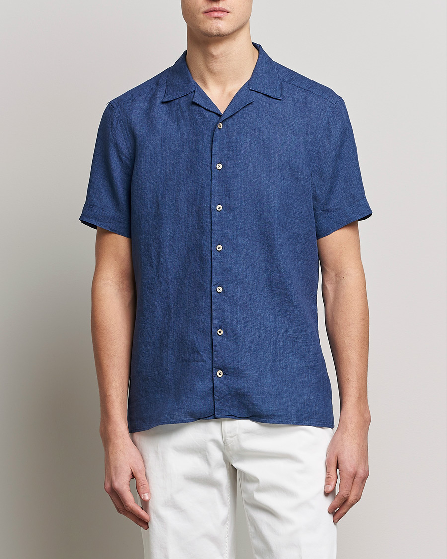 Herre | Skjorter | Stenströms | Slimline Short Sleeve Resort Linen Shirt Blue