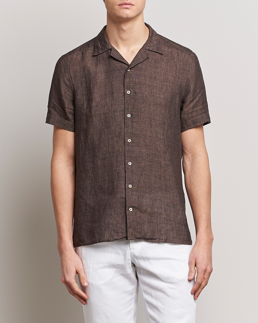 Herre | Skjorter | Stenströms | Slimline Short Sleeve Resort Linen Shirt Dark Brown