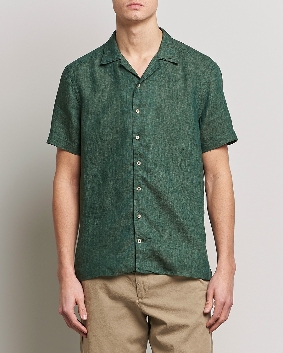 Herre | Skjorter | Stenströms | Slimline Short Sleeve Resort Linen Shirt Dark Green
