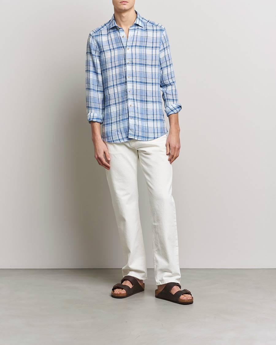 Herre | Skjorter | Stenströms | Slimline Cut Away Checked Linen Shirt Blue
