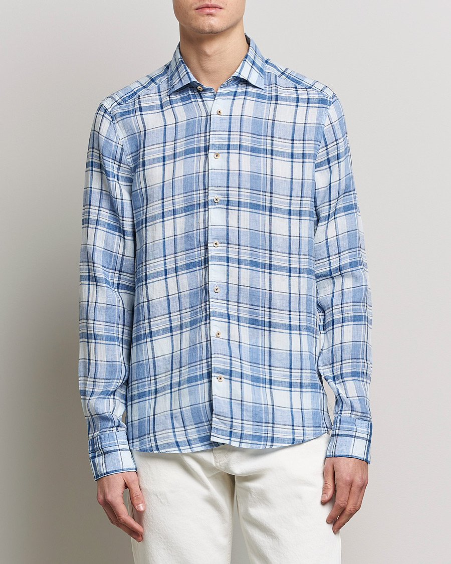 Herre | Skjorter | Stenströms | Slimline Cut Away Checked Linen Shirt Blue