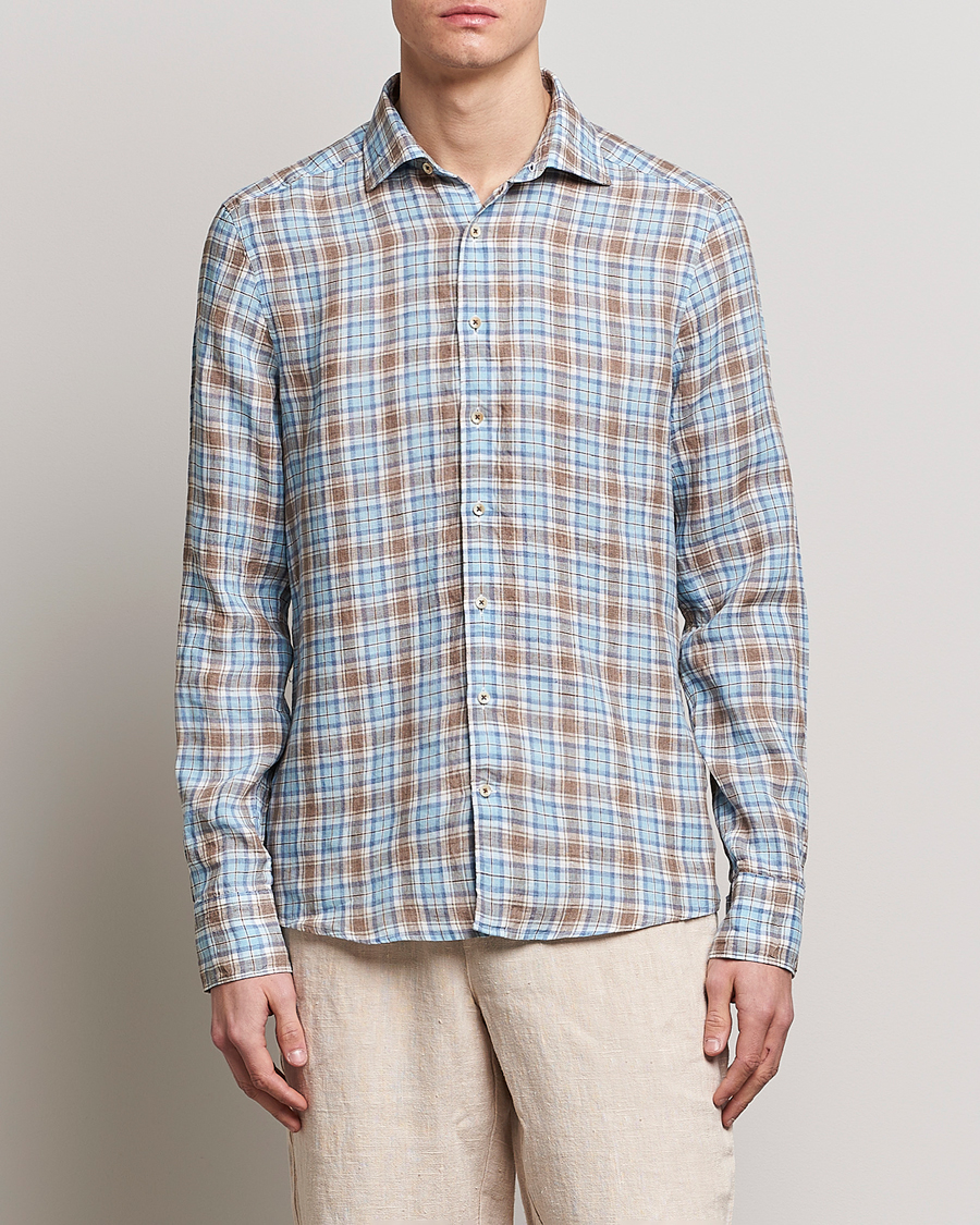Herre | Skjorter | Stenströms | Slimline Cut Away Checked Linen Shirt Blue/Beige