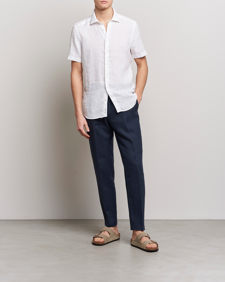 Herre | Skjorter | Stenströms | Slimline Cut Away Short Sleeve Linen Shirt White