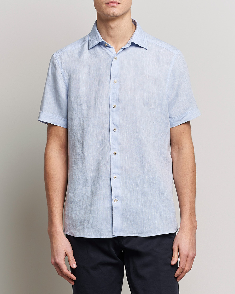 Herre | Skjorter | Stenströms | Slimline Cut Away Short Sleeve Linen Shirt Light Blue