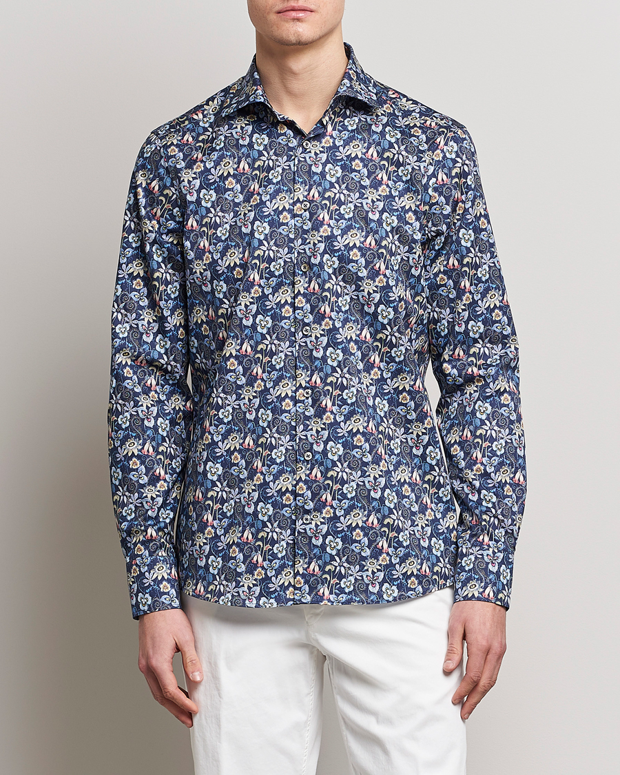 Herre | Skjorter | Stenströms | Slimline Cut Away Flower Print Shirt Blue