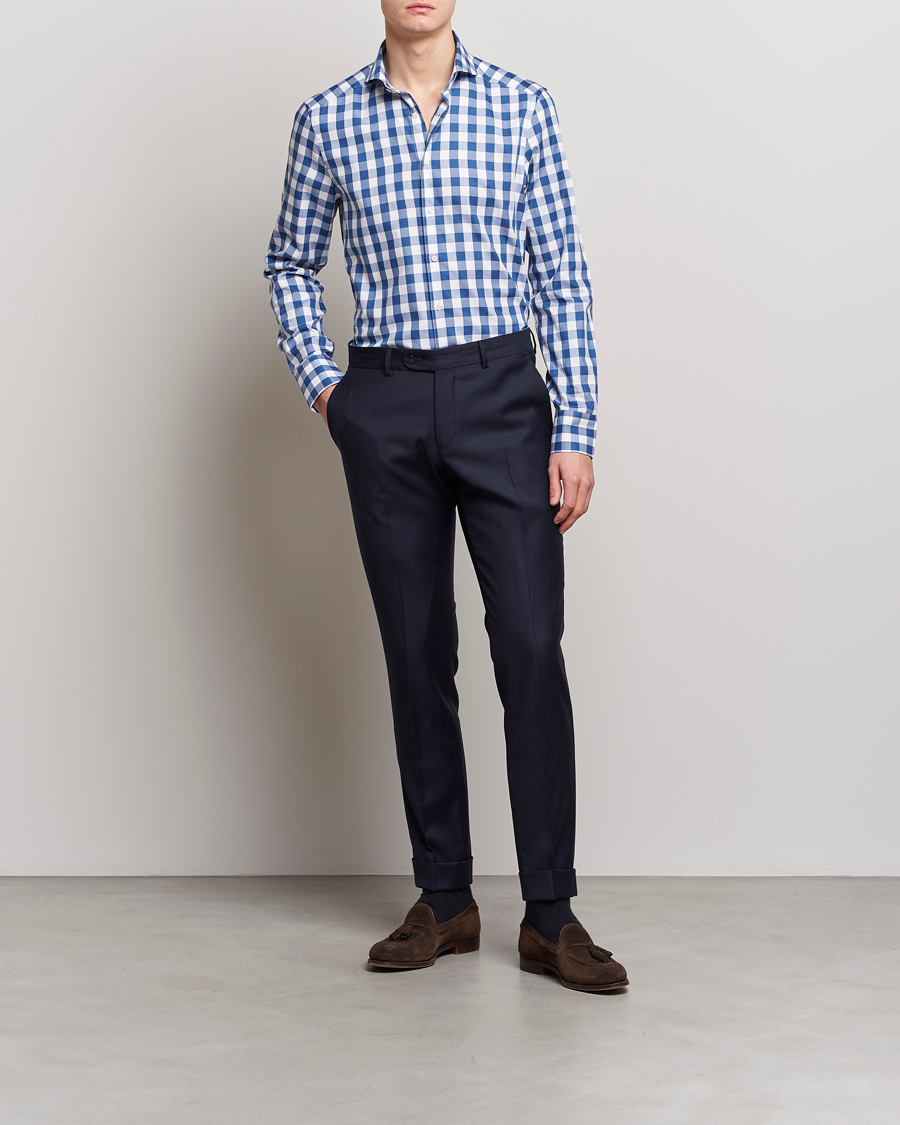 Herre | Skjorter | Stenströms | Slimline Cut Away Large Gingham Shirt Blue