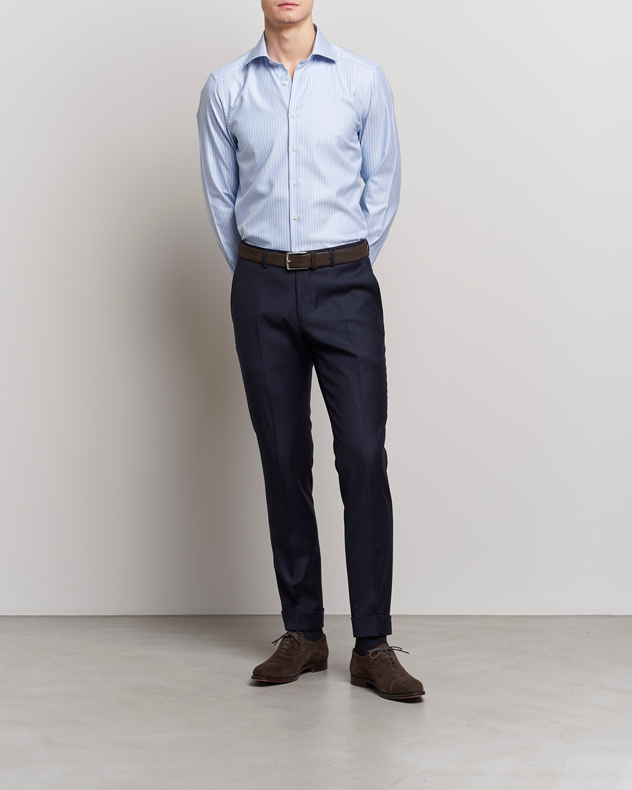 Herre | Skjorter | Stenströms | Slimline Cut Away Herringbone Striped Shirt Blue