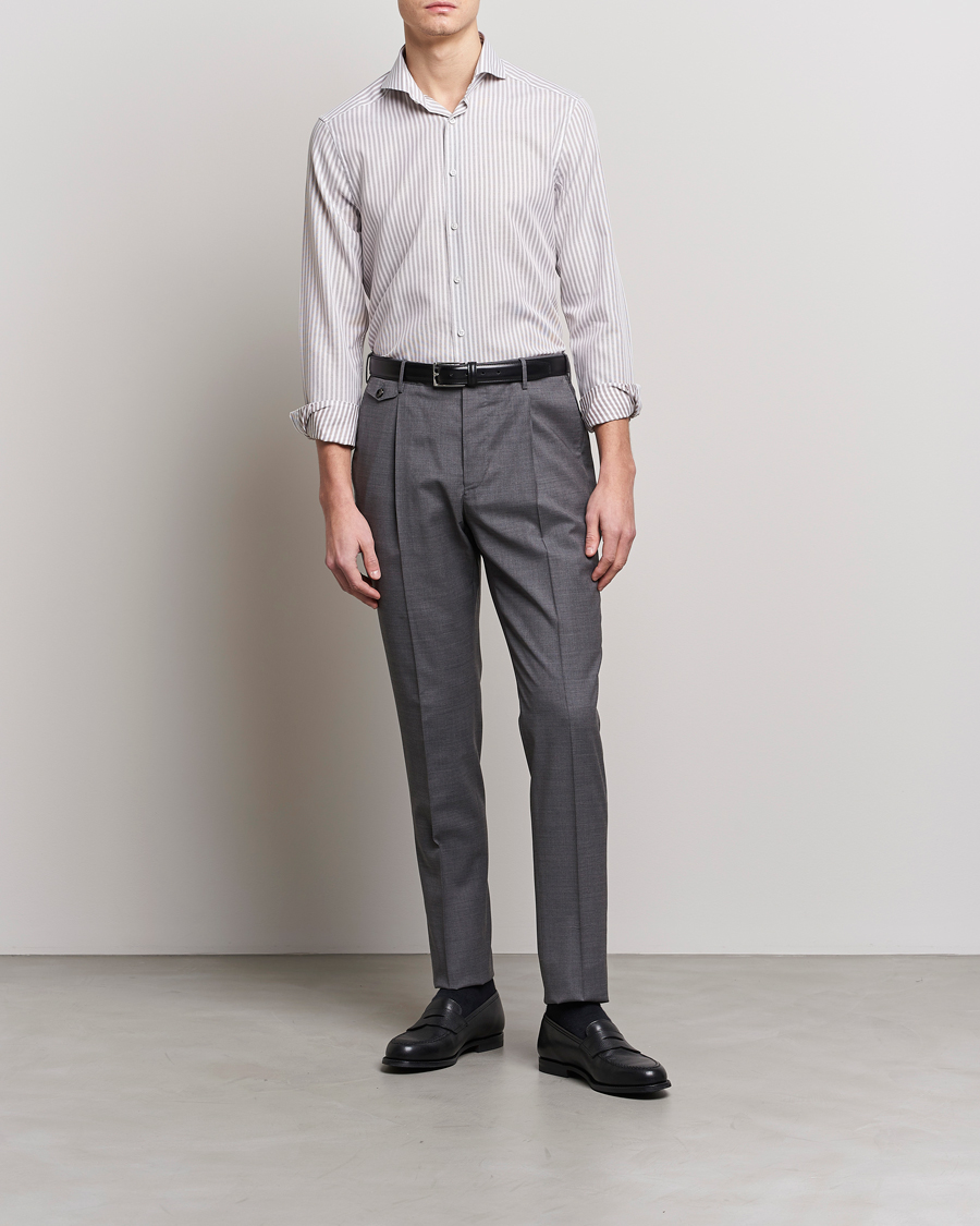 Herre | Skjorter | Stenströms | Slimline Cut Away Structure Striped Shirt Brown