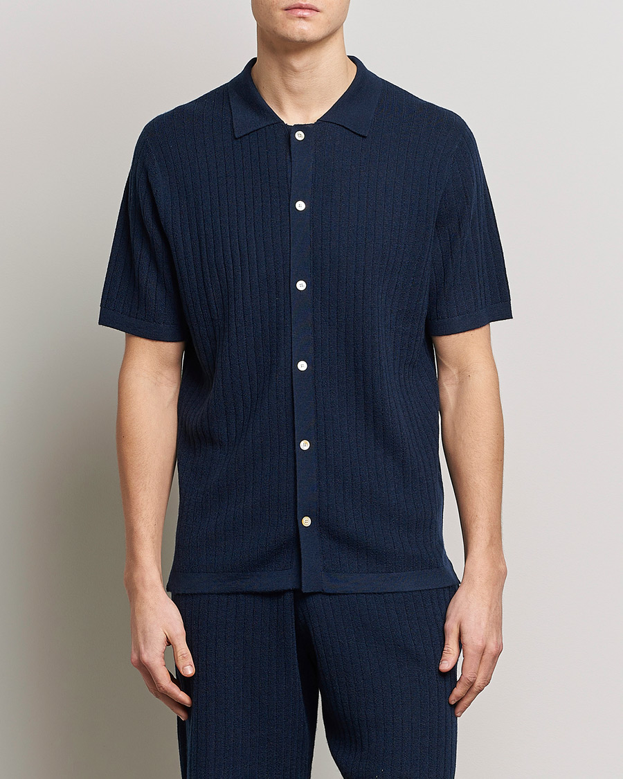 Herre |  | Stenströms | Merino/Lyocell Ribbed Buttoned Polo Shirt Navy