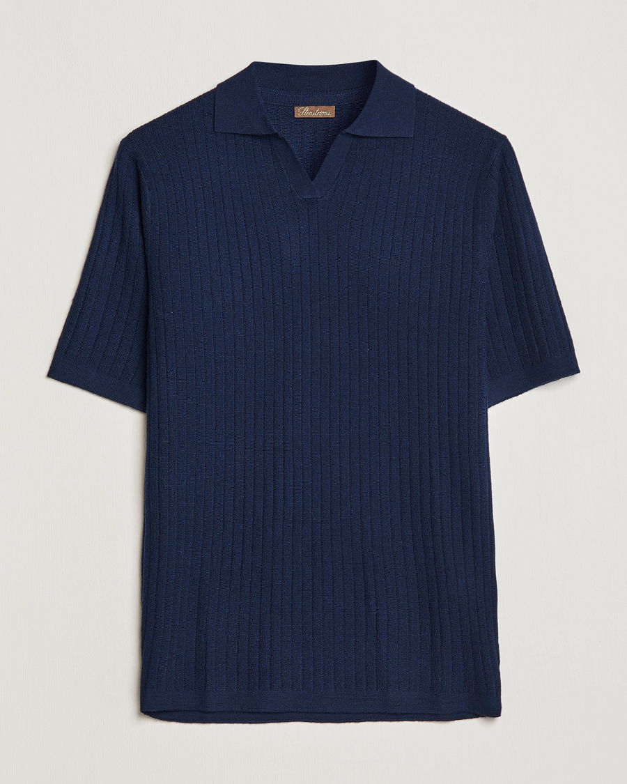 Herre | Polotrøjer | Stenströms | Merino/Lyocell Ribbed Open Collar Polo Navy