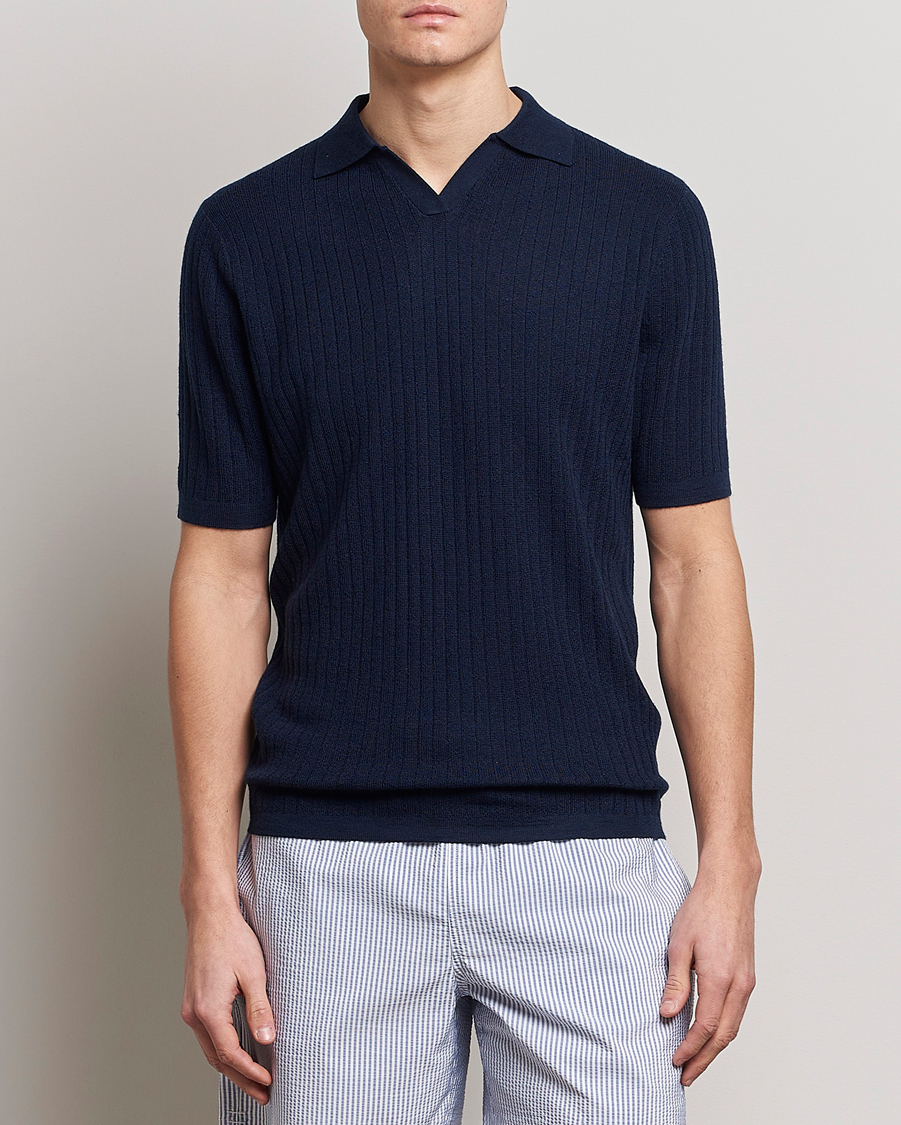 Herre | Polotrøjer | Stenströms | Merino/Lyocell Ribbed Open Collar Polo Navy
