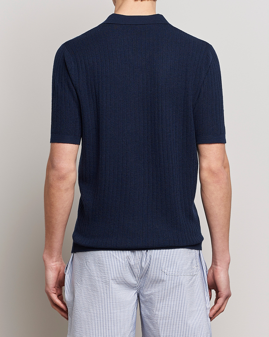 Herre | Polotrøjer | Stenströms | Merino/Lyocell Ribbed Open Collar Polo Navy