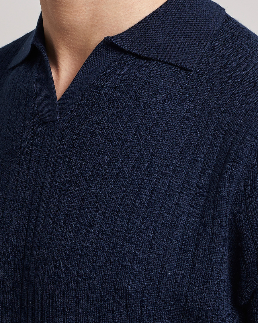 Herre | Polotrøjer | Stenströms | Merino/Lyocell Ribbed Open Collar Polo Navy