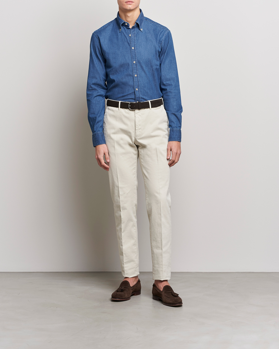 Herre | Tøj | Stenströms | Fitted Body Button Down Garment Washed Shirt Mid Blue Denim