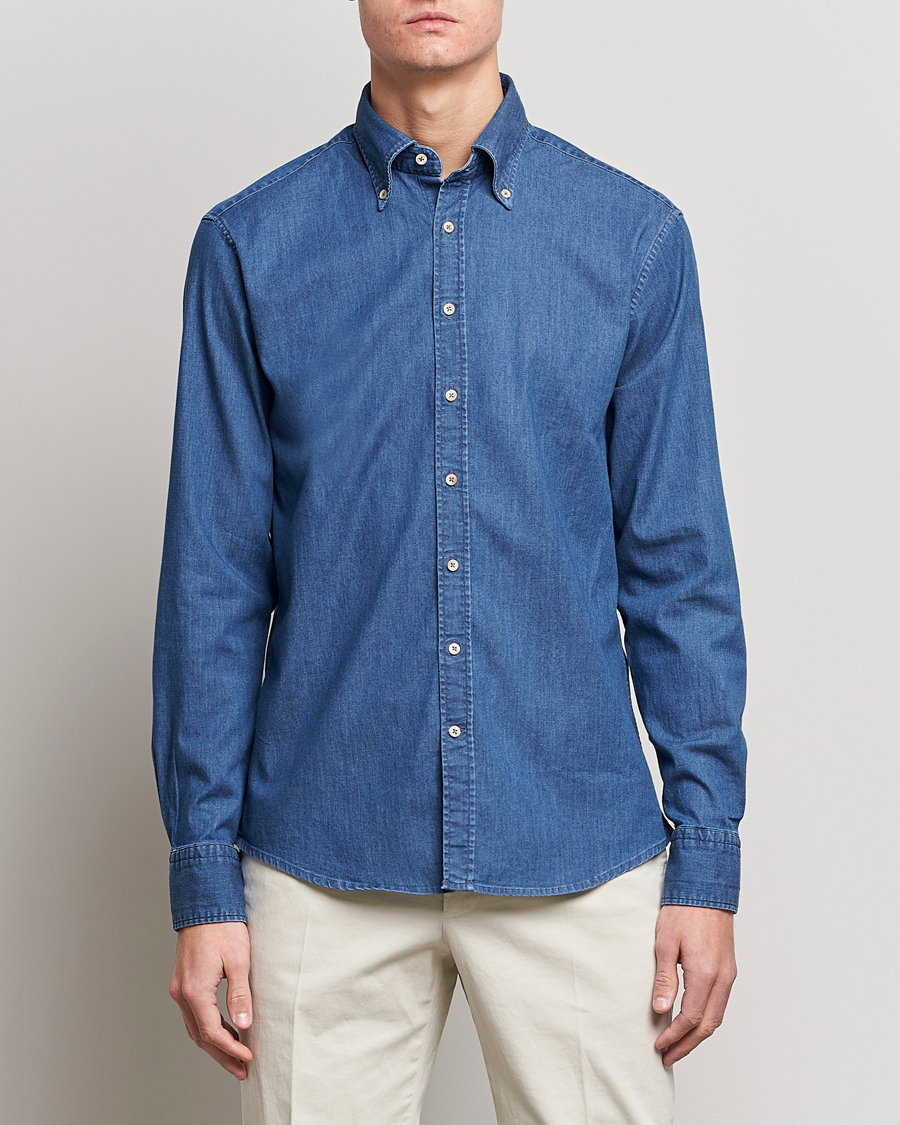 Herre | Denimskjorter | Stenströms | Fitted Body Button Down Garment Washed Shirt Mid Blue Denim