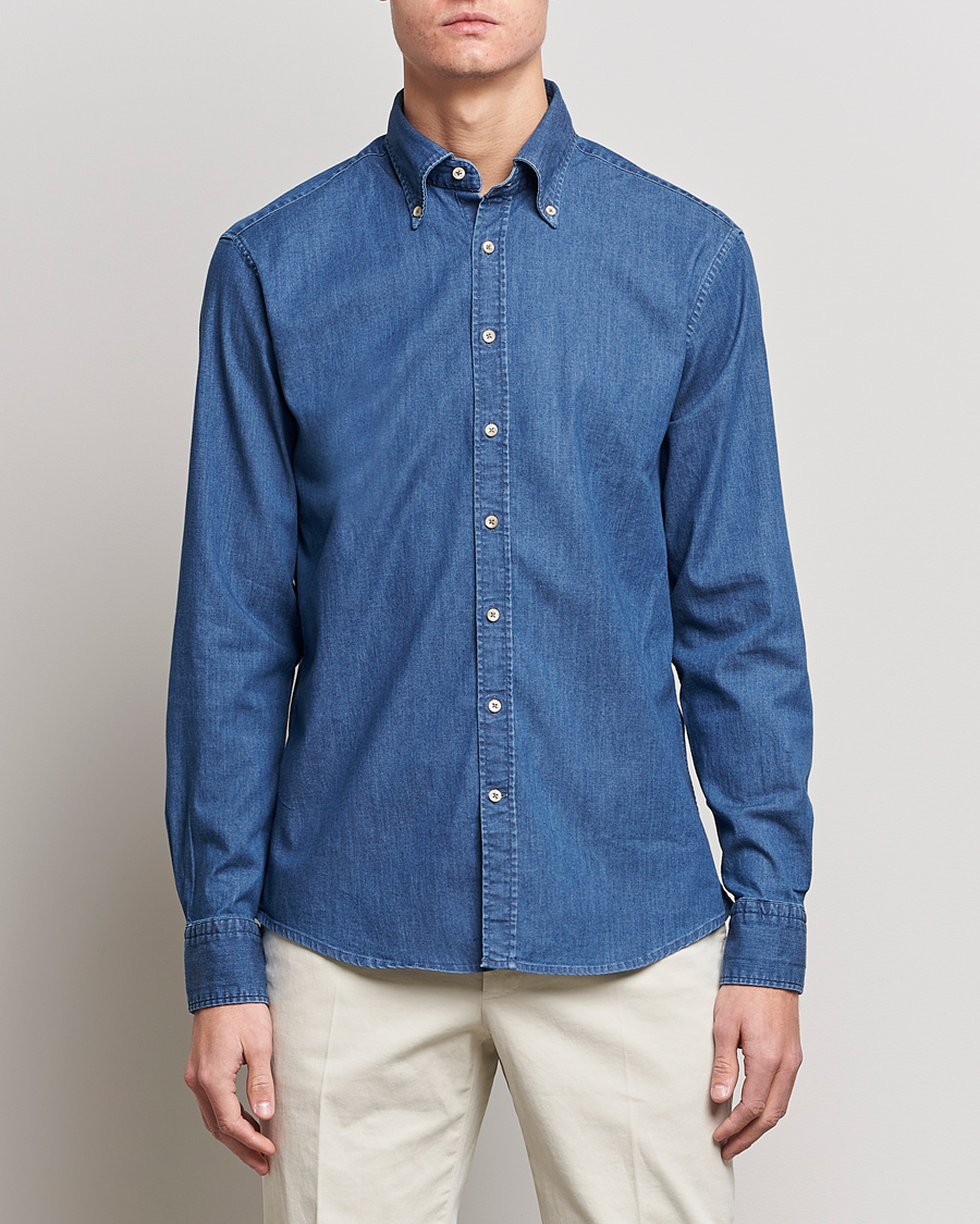 Herre | Skjorter | Stenströms | Fitted Body Button Down Garment Washed Shirt Mid Blue Denim