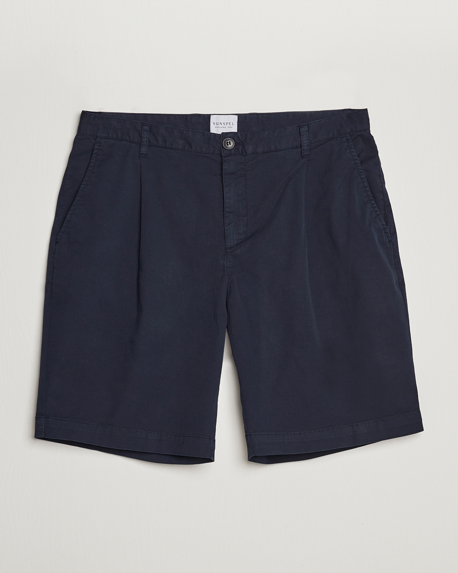 Herre | Shorts | Sunspel | Pleated Stretch Cotton Twill Shorts Navy