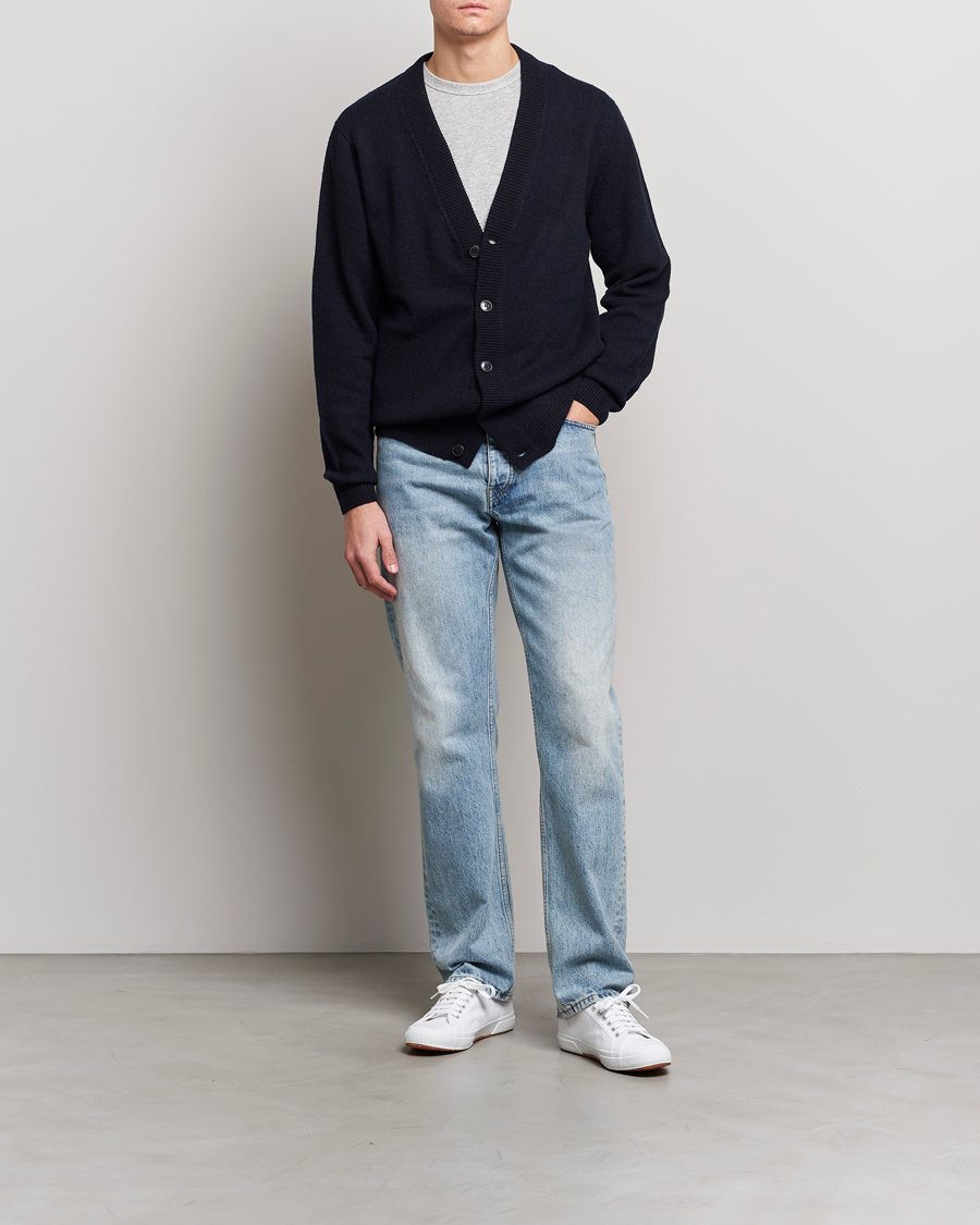 Herre | Trøjer | Sunspel | Lambswool Cardigan Dark Navy Mouline