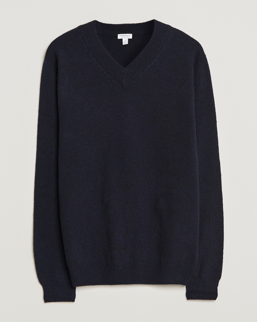 Herre | Trøjer | Sunspel | Lambswool V-Neck Dark Navy Mouline